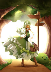 Rule 34 | 1girl, :d, absurdres, bag, blonde hair, bonnet, boots, bow, brown footwear, bush, day, dress, flower, gloves, green bow, green dress, green gloves, hat, hat flower, high heel boots, high heels, highres, kinnohome, layered dress, long hair, looking at viewer, open mouth, outdoors, path, road, signpost, smile, solo, standing, tree