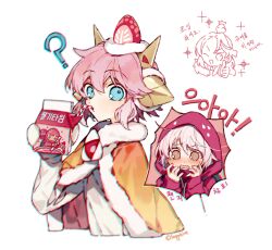 Rule 34 | 1boy, 1girl, ?, blue eyes, blush, brown cape, brown eyes, cape, closed mouth, cookie run, crown, drinking straw, earmuffs, food-themed hair ornament, food-themed hat, fur-trimmed cape, fur trim, gloves, hair ornament, hands up, holding carton, hood, hood up, hoodie, long sleeves, milk carton, o3o, open mouth, pink eyes, pink hoodie, sapphire (nine), short hair, sidelocks, simple background, strawberry cookie, strawberry crepe cookie, strawberry hair ornament, sweater, white background, white gloves, white hair, white sweater