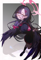 Rule 34 | 1girl, absurdres, arient5888, arm behind back, armband, bespectacled, black choker, black hair, black serafuku, black shirt, black socks, black wings, blue archive, blue eyes, chinese commentary, choker, closed mouth, commentary request, feathered wings, glasses, hair ornament, hairclip, halo, highres, ichika (blue archive), kneehighs, leaning forward, loafers, long hair, looking at viewer, neckerchief, pink halo, red armband, red neckerchief, sailor collar, school uniform, serafuku, shirt, shoes, socks, solo, standing, standing on one leg, swept bangs, wings