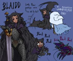 Rule 34 | 2girls, animal ears, armor, black hair, blaidd the half-wolf, bloodhound knight, blue background, breastplate, cape, centurii-chan (artist), cloak, colored skin, commentary, dark-skinned female, dark skin, elden ring, english commentary, english text, fur cape, fur cloak, gauntlets, genderswap, genderswap (mtf), greatsword, hat, highres, holding, holding weapon, huge weapon, looking at viewer, multiple girls, plate armor, ranni the witch, red eyes, smile, sword, weapon, witch hat, wolf ears, wolf girl
