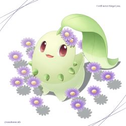 Rule 34 | artist name, chikorita, commentary request, creatures (company), english text, flower, game freak, gen 2 pokemon, highres, looking up, nintendo, no humans, open mouth, pokemon, pokemon (creature), purple flower, red eyes, ripples, sasabunecafe, smile, solo, tongue, wading, water, watermark