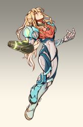 Rule 34 | 1girl, arm cannon, armor, blonde hair, full body, glowing, highres, long hair, metroid, metroid dread, nintendo, oxcoxa, ponytail, power armor, power suit, power suit (metroid), samus aran, science fiction, sidelocks, simple background, solo, weapon, white background