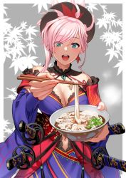 Rule 34 | 1girl, absurdres, bare shoulders, blue eyes, blue kimono, blush, border, bowl, breasts, chopsticks, cleavage, clothing cutout, earrings, fate/grand order, fate (series), food, grey background, hair ornament, highres, holding, holding bowl, holding chopsticks, japanese clothes, jewelry, katana, kimono, large breasts, long hair, long sleeves, looking at viewer, magatama, miyamoto musashi (fate), miyamoto musashi (third ascension) (fate), navel, navel cutout, noodles, obi, open mouth, pink hair, ponytail, saruchitan, sash, simple background, smile, swept bangs, sword, udon, weapon, white border, wide sleeves