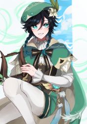 Rule 34 | 1boy, androgynous, beret, black hair, blue hair, bow, braid, brooch, cape, collared cape, collared shirt, corset, feathers, flower, frilled sleeves, frills, gem, genshin impact, gradient hair, green eyes, green hat, green shorts, hair flower, hair ornament, hasumiimm, hat, highres, holding, holding instrument, instrument, jewelry, leaf, long sleeves, looking at viewer, lyre, male focus, multicolored hair, open mouth, pantyhose, shirt, short hair with long locks, shorts, smile, solo, twin braids, venti (genshin impact), vision (genshin impact), white flower, white pantyhose, white shirt
