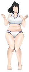 Rule 34 | 1girl, bikini, blunt bangs, breasts, closed eyes, full body, itou yukino, knees together feet apart, large breasts, madarame, navel, plump, ponytail, real drive, simple background, solo, swimsuit, white background, white bikini