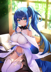 Rule 34 | 1girl, absurdres, alyssa (specktech), bare shoulders, blue eyes, blue hair, blush, book, breasts, cleavage, hair between eyes, hairband, highres, holding, holding book, indoors, large breasts, long hair, looking at viewer, navel, niwatori (satoru0201), open book, original, pointy ears, ponytail, second-party source, sitting, smile, solo, thighhighs, thighs, white hairband, white thighhighs, window