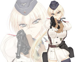 Rule 34 | 1girl, blonde hair, blue eyes, garrison cap, gloves, gun, handgun, hanna rudel, hat, holster, long hair, luftwaffe, luger p08, military, military uniform, pistol, ponytail, scar, solo, sousei ou, strike witches, strike witches: suomus misfits squadron, swastika, uniform, weapon, wehrmacht, world witches series, zoom layer
