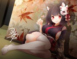 Rule 34 | 1girl, animal ears, arm support, azur lane, black kimono, blunt bangs, blush, breasts, cat ears, closed mouth, commentary request, hair ribbon, heart, indoors, japanese clothes, kimono, large breasts, leaf print, long sleeves, mask, mask on head, medium breasts, no shoes, paw pose, reclining, red ribbon, ribbon, sash, short hair, sideboob, signature, smile, solo, tareme, thighhighs, thighs, wide sleeves, yamashiro (azur lane), yua (checkmate)