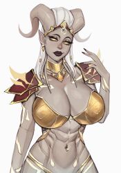 Rule 34 | 1girl, abs, armor, bikini armor, breasts, choker, cleavage, colored sclera, colored skin, commentary, draenei, earrings, gold choker, grey skin, hair ornament, hand up, headgear, highres, horns, huge breasts, jewelry, looking at viewer, medium hair, navel, navel piercing, piercing, pointy ears, shoulder armor, simple background, single earring, smile, solo, stomach, toned, warcraft, white background, white hair, world of warcraft, yellow eyes, yellow sclera, ykshelter