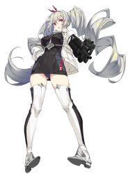 Rule 34 | 1girl, black dress, blue panties, boots, breasts, bullpup, covered navel, dress, drill hair, full body, gluteal fold, grey hair, gun, hair ribbon, highres, holding, holding gun, holding weapon, icomochi, jacket, large breasts, long hair, long sleeves, looking at viewer, open clothes, open jacket, original, p90, panties, pantyshot, parted lips, personal defense weapon, red eyes, ribbon, sidelocks, simple background, solo, standing, submachine gun, thigh boots, thighhighs, twin drills, twintails, underwear, very long hair, weapon, white background, white jacket