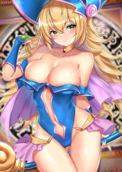 Rule 34 | 1girl, arm behind back, arm guards, artist name, bare shoulders, blonde hair, blue hat, blue leotard, blush, breasts, cleavage, closed mouth, clothing cutout, collar, collarbone, cowboy shot, cyicheng, dark magician girl, gluteal fold, green eyes, hair between eyes, hand up, hat, highleg, highleg leotard, holding, holding staff, large breasts, leotard, long hair, looking at viewer, navel, navel cutout, pentagram, showgirl skirt, smile, solo, staff, strapless, strapless leotard, thigh gap, thighs, very long hair, wizard hat, yu-gi-oh!