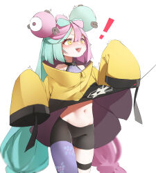 Rule 34 | 1girl, absurdres, bike shorts, bow-shaped hair, character hair ornament, creatures (company), game freak, grey pantyhose, hair ornament, hexagon print, highres, iono (pokemon), jacket, long hair, low-tied long hair, multicolored hair, navel, nintendo, oversized clothes, pantyhose, pink eyes, pink hair, pokemon, pokemon sv, sharp teeth, shirt, silday, single leg pantyhose, sleeveless, sleeveless shirt, sleeves past fingers, sleeves past wrists, solo, teeth, twintails, two-tone hair, very long hair, very long sleeves, x, yellow jacket