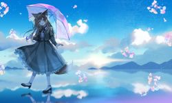 Rule 34 | 1girl, :d, animal ear fluff, animal ears, black footwear, blue sky, brown eyes, brown hair, cloud, commentary request, day, fox ears, fox tail, frilled skirt, frills, full body, grey jacket, grey skirt, hazakura konoha, high heels, highres, holding, holding umbrella, indie virtual youtuber, jacket, long hair, long sleeves, looking at viewer, mountain, myusha, open clothes, open jacket, open mouth, outdoors, pantyhose, pink umbrella, pleated skirt, reflection, shirt, shoes, skirt, sky, smile, solo, standing, standing on one leg, tail, transparent, transparent umbrella, umbrella, very long hair, virtual youtuber, water, white pantyhose, white shirt