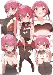 Rule 34 | 1girl, absurdres, animal ears, black footwear, black pantyhose, blush, boots, bow, breasts, breasts apart, cat ears, cleavage, covered erect nipples, crop top, crossed bangs, from below, grabbing own breast, hair bow, heterochromia, highres, hololive, houshou marine, houshou marine (1st costume), jewelry, large breasts, leotard, long hair, looking at viewer, multiple views, necklace, pantyhose, pink hair, pleated skirt, pomesaurus, red eyes, red skirt, shirt, simple background, sitting, skirt, sleeveless, sleeveless shirt, smile, solo, standing, torn clothes, torn leotard, translation request, underboob, virtual youtuber, white background, yellow eyes