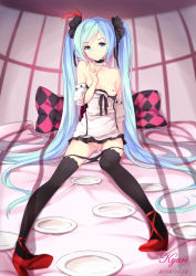 Rule 34 | 10s, 1girl, 2014, aftersex, artist name, bed, blue eyes, blue hair, breasts, cum, cum in pussy, dated, female focus, hatsune miku, high heels, highres, kyuri tizu, long hair, looking at viewer, matching hair/eyes, nipples, panties, panty pull, plate, pussy, pussy juice, sitting, skirt, small breasts, solo, thighhighs, twintails, uncensored, underwear, very long hair, vocaloid, world is mine (vocaloid)