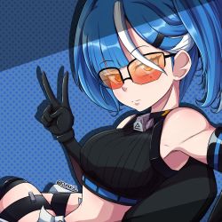 Rule 34 | 1girl, artist name, bare shoulders, blue hair, bmkro, breasts, close-up, cobalt-b (tower of fantasy), crop top, expressionless, glasses, gloves, highres, looking at viewer, medium breasts, medium hair, mole, mole under eye, simple background, solo, tower of fantasy, v, yellow eyes