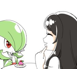 Rule 34 | 2girls, ^ ^, bad id, bad pixiv id, berry, black hair, bob cut, cake, closed eyes, closed mouth, colored skin, creatures (company), female focus, flat chest, food, food on face, fork, from side, game freak, gardevoir, gen 3 pokemon, green hair, green skin, hair over one eye, happy, holding, holding fork, index finger raised, long hair, muguet, multicolored skin, multiple girls, nintendo, open mouth, original, plate, pointing, pokemon, pokemon (creature), profile, red eyes, shirt, short hair, sidelocks, sitting, smile, table, two-tone skin, upper body, white shirt, white skin