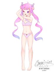 Rule 34 | 1girl, artist name, bandaid, bandaid on face, barefoot, belly, bra, breasts, commission, commissioner upload, eyebrows, eyelashes, feet, flat chest, hair ornament, heterochromia, highres, idol corp, knees, multicolored hair, navel, no shoes, no socks, open mouth, panties, pink bra, pink eyes, pink hair, pink panties, purple eyes, riro ron, simple background, small breasts, teeth, thighs, toes, underwear, underwear only, virtual youtuber, watermark, white background