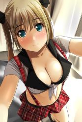 Rule 34 | 1girl, absurdres, black footwear, black ribbon, blonde hair, blush, breasts, cleavage, closed mouth, collarbone, crop top, day, from above, front-tie top, green eyes, hair between eyes, hair ribbon, highres, index finger raised, indoors, long hair, matsunaga kouyou, medium breasts, midriff, navel, nose blush, original, plaid, plaid skirt, pleated skirt, red skirt, ribbon, shirt, shoes, short sleeves, skirt, smile, solo, standing, standing on one leg, sunlight, suspender skirt, suspenders, twintails, unmoving pattern, white shirt