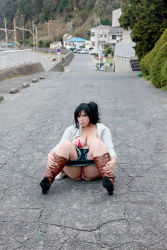 Rule 34 | 1girl, asian, bikini, black hair, boots, breasts, chouzuki maryou, cowboy boots, highres, hip focus, hood, hooded jacket, jacket, large breasts, open clothes, photo (medium), plump, side ponytail, sitting, solo, swimsuit, thick thighs, thighs, undressing, wide hips