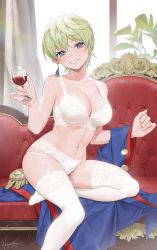 Rule 34 | 1girl, alcohol, artist name, blue eyes, blue jacket, bra, breasts, cleavage, collarbone, couch, cup, curtains, drinking glass, earrings, epaulettes, fingernails, green hair, green pupils, grin, hair between eyes, hand up, hayate (leaf98k), highres, holding, holding cup, indoors, izumo tenka, jacket, jewelry, lace, lace-trimmed bra, lace legwear, lace panties, lace trim, large breasts, lingerie, looking at viewer, mato seihei no slave, navel, no shoes, on couch, panties, plant, red wine, shiny skin, short hair, signature, sitting, smile, solo, stomach, thighhighs, thighs, underwear, underwear only, unworn jacket, white bra, white panties, white thighhighs, wine, wine glass