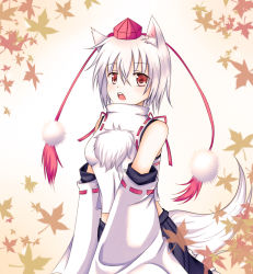 Rule 34 | 1girl, animal ears, bare shoulders, breasts, coffeedog, detached sleeves, female focus, hat, highres, inubashiri momiji, looking at viewer, midriff, open mouth, red eyes, short hair, silver hair, solo, tail, tokin hat, touhou, wolf ears, wolf tail