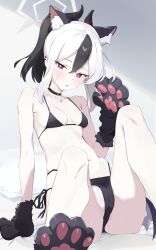 Rule 34 | 1girl, animal ear fluff, animal ears, animal hands, arm support, bare shoulders, bikini, black bikini, black hair, blue archive, breasts, breasts apart, cat, choker, collarbone, ear piercing, fang, gloves, groin, halo, hand up, highres, horns, ikanyoikanikan, kayoko (blue archive), looking at viewer, low wings, medium hair, mole, multicolored hair, navel, open mouth, paw gloves, paw shoes, piercing, ponytail, red eyes, side-tie bikini bottom, sidelocks, sitting, skin fang, small breasts, solo, sweatdrop, swimsuit, two-tone hair, white hair, wings