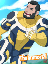 Rule 34 | 1boy, absurdres, bara, beard, black hair, blue bodysuit, bodysuit, bulge, bunta ru, facial hair, highres, invincible (series), looking up, male focus, mature male, muscular, muscular male, pectorals, short hair, skin tight, solo, the immortal (invincible), thick thighs, thighs, western comics (style)