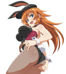 Rule 34 | 1girl, animal ears, ass, bare shoulders, black pantyhose, blue eyes, blush, breasts, charlotte e. yeager, large breasts, leotard, long hair, looking at viewer, nanashino, open mouth, orange hair, pantyhose, rabbit ears, rabbit tail, shiny skin, simple background, smile, solo, strike witches, tail, white background, world witches series