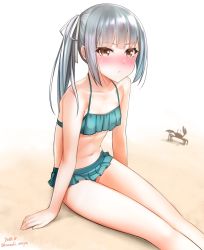 Rule 34 | 1girl, :&lt;, aqua bikini, arm support, arms at sides, bare arms, bare legs, barefoot, bikini, bikini skirt, blunt bangs, blush, breasts, brown eyes, collarbone, crab, dated, feet out of frame, frilled bikini, frills, green bikini, hair ribbon, halterneck, highres, kantai collection, kanzaki muyu, kasumi (kancolle), long hair, looking at viewer, navel, ribbon, sand, side ponytail, signature, silver hair, sitting, small breasts, swimsuit