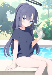 Rule 34 | 1girl, absurdres, black hair, black shirt, blue archive, blue eyes, blush, bottle, breasts, commentary request, day, facial mark, hair between eyes, hand up, highres, holding, holding bottle, jyt, long hair, outdoors, parted lips, revision, shirt, short sleeves, sitting, small breasts, solo, star (symbol), tree, very long hair, water, water bottle, yuuka (blue archive), yuuka (track) (blue archive)