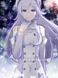 Rule 34 | 10s, 1girl, aila jyrkiainen, bare shoulders, breasts, character name, collar tug, copyright name, dress, elbow gloves, fur trim, gloves, gundam, gundam build fighters, hat, long hair, mo2ica, monicanc, purple eyes, silver hair, solo, white gloves