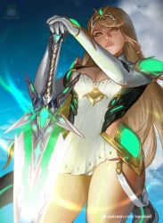 Rule 34 | 1girl, aegis sword (xenoblade), bare legs, blonde hair, breasts, cleavage, cleavage cutout, clothing cutout, commentary, cowboy shot, day, dress, elbow gloves, english commentary, female focus, from below, gloves, large breasts, lips, long hair, matching hair/eyes, mythra (xenoblade), nextoad, outdoors, patreon username, sky, solo, swept bangs, sword, tiara, very long hair, watermark, weapon, web address, white dress, white gloves, xenoblade chronicles (series), xenoblade chronicles 2, yellow eyes