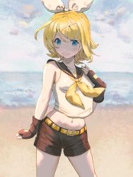 Rule 34 | 1girl, absurdres, aimoda, bare arms, bare shoulders, beach, black gloves, black sailor collar, black shorts, blonde hair, blue eyes, chinese commentary, commentary request, cowboy shot, crop top, fingerless gloves, gloves, hair ribbon, hand up, highres, kagamine rin, looking at viewer, midriff, navel, neckerchief, outdoors, ribbon, sailor collar, sailor shirt, shirt, short hair, short shorts, shorts, sleeveless, sleeveless shirt, smile, solo, standing, thighs, vocaloid, white ribbon, yellow neckerchief