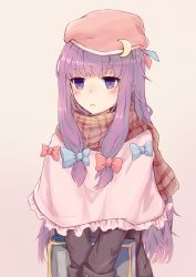 Rule 34 | 1girl, alternate costume, black shirt, blue bow, blue ribbon, blush, book, bow, capelet, commentary request, crescent, crescent pin, expressionless, gradient background, hair bow, hat, hat ribbon, highres, holding, holding book, krisame amane, long hair, looking at viewer, patchouli knowledge, pink background, purple eyes, purple hair, red bow, red ribbon, red scarf, ribbon, scarf, shirt, simple background, solo, striped clothes, striped scarf, touhou, very long hair, winter, winter clothes