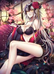 Rule 34 | 1girl, alternate costume, bad id, bad pixiv id, bare legs, bare shoulders, blush, bra, breasts, cherry blossoms, commentary, fate/grand order, fate (series), flower, folding fan, hair flower, hair ornament, hand fan, headpiece, japanese clothes, jeanne d&#039;arc (fate), jeanne d&#039;arc alter (avenger) (fate), jeanne d&#039;arc alter (fate), kimono, lantern, large breasts, lingerie, lipstick, long hair, looking at viewer, makeup, mallizmora, navel, open clothes, open kimono, smoking pipe, silver hair, solo, underwear, very long hair, yellow eyes