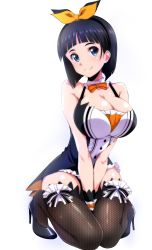 Rule 34 | 1girl, absurdres, black hair, blue eyes, breasts, cleavage, has bad revision, has downscaled revision, highres, island (kossori), kirigaya suguha, large breasts, looking at viewer, md5 mismatch, resolution mismatch, short hair, smile, solo, source smaller, sword art online, thighhighs, white background