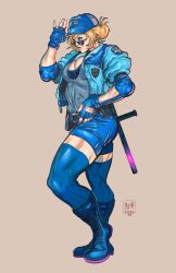 Rule 34 | 1girl, a.b.singh, artist name, ass, blonde hair, blue eyes, breasts, capcom, cleavage, elbow pads, final fight, final fight 3, fingerless gloves, gloves, hat, highres, jacket, large breasts, lucia morgan, muscular legs, police, police uniform, policewoman, ponytail, shiny skin, shorts, smile, street fighter, street fighter v, sunglasses, thick lips, thick thighs, thighhighs, thighs, uniform