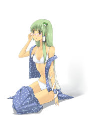 Rule 34 | 1girl, absurdres, bad id, bad pixiv id, bespectacled, bra, female focus, frog, glasses, green hair, hair ornament, highres, kochiya sanae, lingerie, long hair, open clothes, open shirt, panties, potionu, shirt, snake, solo, touhou, underwear, yellow eyes