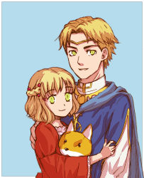 Rule 34 | 1boy, 1girl, blonde hair, blue background, brother and sister, circlet, fire emblem, fire emblem: the blazing blade, fox, gold trim, guinevere (fire emblem), hair ornament, half updo, hand on shoulder, kinaco, nintendo, short hair, siblings, simple background, smile, yellow eyes, zephiel