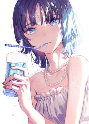Rule 34 | 1girl, 778-go, backlighting, bare shoulders, bendy straw, black hair, blue eyes, blunt bangs, blush, cup, drinking glass, drinking straw, dripping, frills, from below, highres, holding, holding cup, jewelry, looking at viewer, nail polish, necklace, orange nails, original, pearl necklace, short hair, sidelocks, simple background, solo, strapless, upper body, water, wet, wet hair, white background