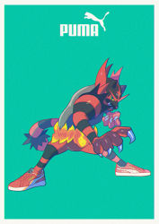 Rule 34 | absurdres, blue eyes, claws, colored sclera, commentary, creatures (company), film grain, furry, game freak, gen 7 pokemon, green background, highres, hunched over, incineroar, legs apart, looking at viewer, nintendo, pokemon, pokemon (creature), puma (brand), red footwear, saiku (zvlku), shoes, sneakers, solo, standing, teeth, white background, yellow sclera