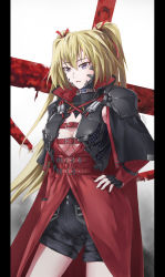 Rule 34 | 1girl, absurdres, black background, black ees, black gloves, blonde hair, breasts, cishi nianshao, cleavage, code vein, commentary, gloves, hair between eyes, hair ribbon, highres, large breasts, long hair, long sleeves, open mouth, red ribbon, ribbon, solo, twintails, white background