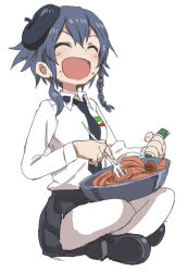 Rule 34 | 10s, 1girl, ^ ^, blue hair, braid, closed eyes, crossed legs, closed eyes, food, food on face, fork, frying pan, full body, girls und panzer, hat, highres, italian flag, loafers, meatball, necktie, open mouth, pantyhose, pasta, pepperoni (girls und panzer), pleated skirt, shoes, simple background, sitting, skirt, smile, solo, white background, white pantyhose, yamamoto souichirou