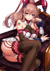 Rule 34 | 1girl, animal ears, bare shoulders, blue eyes, blue nails, blush, bow, bowtie, breasts, brown hair, brown thighhighs, chair, cleavage, closed mouth, commentary, crop top, detached collar, detached sleeves, fake animal ears, flag, garter straps, glint, gold, gold trim, hair between eyes, hair ornament, hairband, highres, kantai collection, large breasts, leotard, long hair, looking at viewer, miniskirt, nail polish, panties, playboy bunny, pleated skirt, ponytail, rabbit ears, red nails, sakiyamama, saratoga (kancolle), scarf, shoulder tattoo, side ponytail, sidelocks, signature, simple background, skirt, smile, smokestack, solo, star (symbol), star print, tail, tattoo, thighhighs, underwear, white background, white panties, white skirt, wrist cuffs