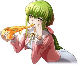 Rule 34 | 1girl, artist request, blush, breasts, c.c., cheese trail, code geass, code geass: lost stories, dress, eating, female focus, game cg, green hair, grey dress, hair ribbon, half-closed eyes, hand on own cheek, hand on own face, hands up, happy, head rest, holding food, holding pizza, jacket, leaning forward, light blush, long hair, long sleeves, looking at viewer, low ponytail, medium breasts, neck ribbon, non-web source, official art, open clothes, open jacket, pink jacket, pink ribbon, pizza, pizza slice, ribbon, sidelocks, smile, solo, teeth, yellow eyes, yellow ribbon