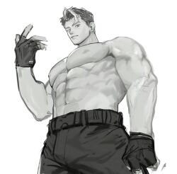 Rule 34 | 1boy, abs, bara, belt, feet out of frame, fingerless gloves, from below, gloves, greyscale, hand up, highres, large hands, large pectorals, looking at viewer, male focus, monochrome, multicolored hair, muscular, muscular male, navel, nipples, original, pectorals, short hair, sideburns, sketch, solo, stomach, streaked hair, takayakaiti (tk049ccn), thick eyebrows, white background