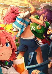 Rule 34 | 1other, 3girls, absurdres, alcohol, argentina, arm up, arms up, back, baseball cap, beer, black sports bra, blue eyes, blue shirt, blue shorts, blush, bow, breasts, cellphone, closed eyes, closed mouth, clothes lift, commentary, denim, doki doki literature club, double vertical stripe, english commentary, feet out of frame, fighting, flat chest, floating hair, green shirt, hair between eyes, hair intakes, hair ornament, hair ribbon, hat, highres, holding, holding phone, jeans, jersey, khyle., large breasts, long hair, looking at viewer, looking back, median furrow, medium hair, mexico, midriff peek, motion lines, multiple girls, natsuki (doki doki literature club), open mouth, panties, pants, phone, pink hair, purple hair, red bow, red ribbon, red shorts, ribbon, sayori (doki doki literature club), shirt, shirt lift, short sleeves, shorts, sitting, smartphone, smile, soccer, soccer field, soccer uniform, split mouth, sports bra, sportswear, stadium, standing, straight hair, striped clothes, striped shirt, teeth, torn clothes, torn jeans, torn pants, twintails, underwear, upper body, v-shaped eyebrows, very long hair, white panties, white shirt, yuri (doki doki literature club)