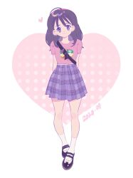 Rule 34 | 1girl, ahoge, ankle socks, black eyes, black footwear, black hair, chinese commentary, closed mouth, commentary request, dated, eyelashes, frilled shirt, frilled sleeves, frills, full body, heart, heart background, highres, long hair, looking at viewer, mary janes, midriff peek, miniskirt, original, pink background, pink shirt, plaid, plaid skirt, pleated skirt, polka dot, polka dot background, purple skirt, shirt, shoes, short sleeves, single strap, skirt, smile, socks, solo, t-shirt, two-tone background, white background, white socks, yellow pupils, yeshisi