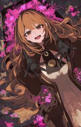 Rule 34 | 1girl, arms up, ascot, black gloves, brooch, brown ascot, brown dress, brown eyes, brown hair, brown jacket, catherine (project moon), coffin, cropped jacket, dress, flower, gloves, highres, jacket, jewelry, juliet sleeves, limbus company, long hair, long sleeves, lying, nakame77, necklace, on back, open mouth, project moon, puffy sleeves, purple flower, reaching, reaching towards viewer, smile, solo